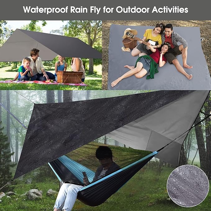 Camping Hammock with Attached Mosquito Netting and Rain Fly, Blue