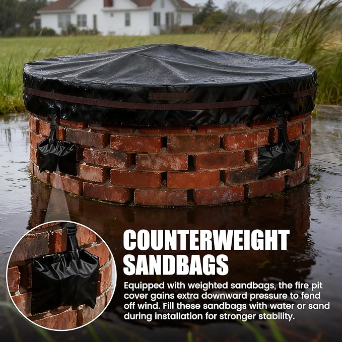 Outdoor Round Fire Pit Cover 57x9.5" Waterproof Tear-Resistant 600D Oxford PU - Image 3