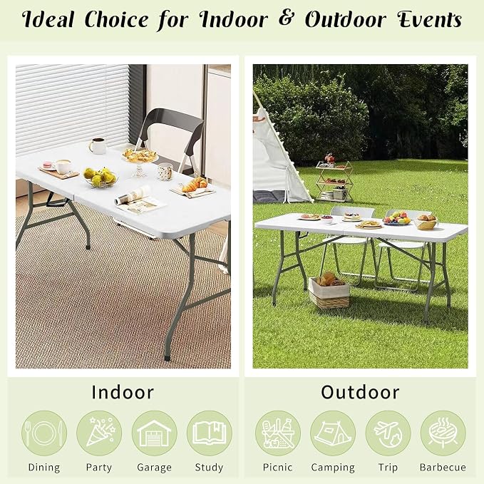 Fivenl 2 Pack 6 FT Folding Tables White Foldable Table, Fold-in-Half - Image 7