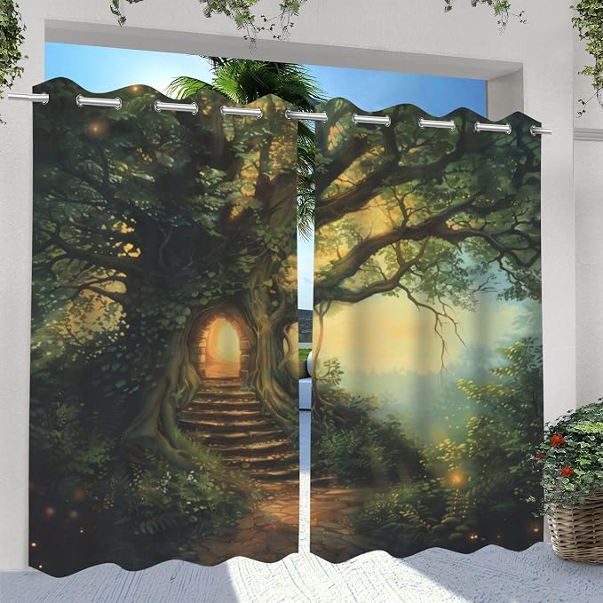 Fantasy Theme Waterproof Indoor/Outdoor Curtains, Forest Pattern, UV and Fade - Image 2