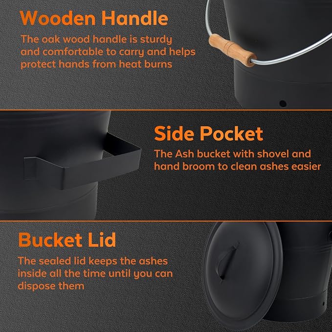 Ash Bucket with Lid and Shovel, 2.6 Gallon Metal Fireplace Ash Bucket with Broom - Image 4