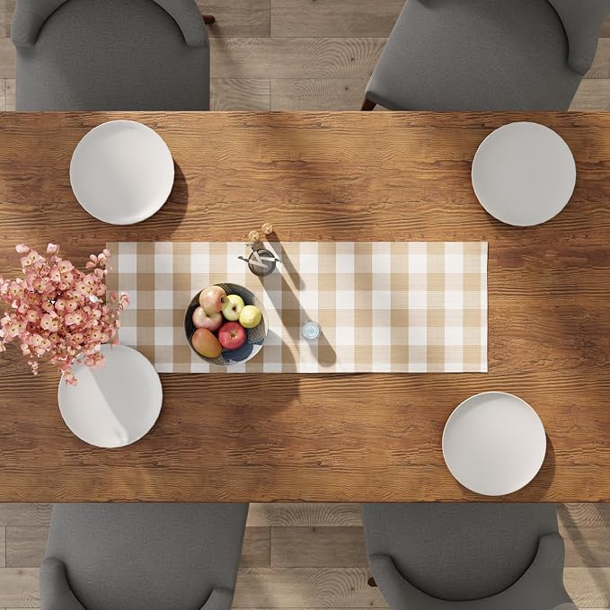 Encasa XO Cotton Dining Table Runner | Buffalo Beige Checks | Size 13x36 in - Image 4