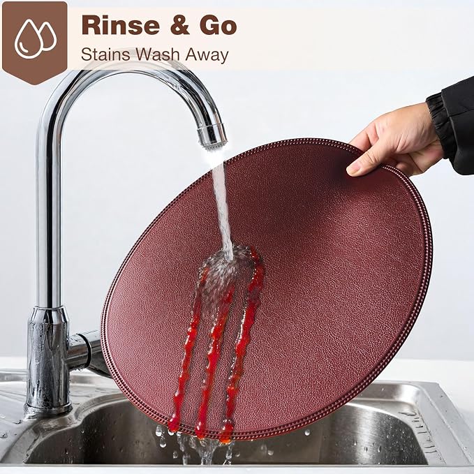 Round Vinyl Burgundy Placemats Set of 6, Faux Leather Waterproof Wipeable Heat - Image 7