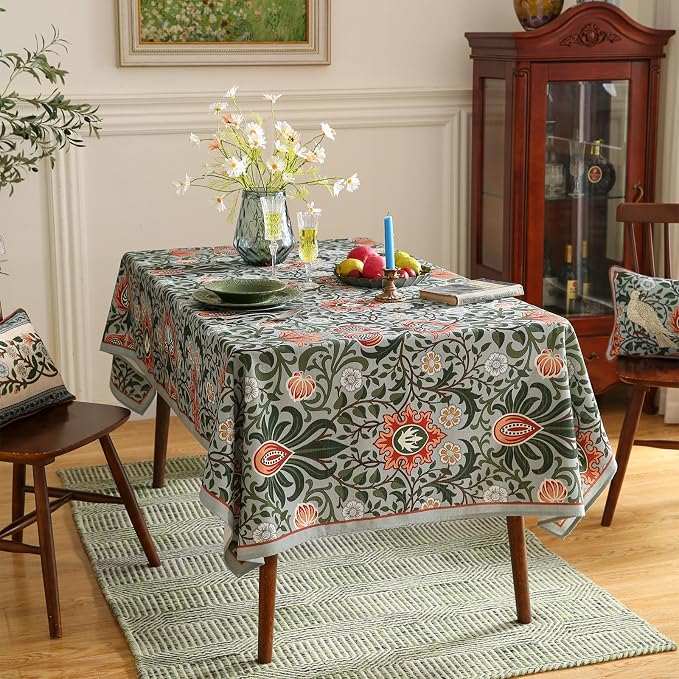 ISAENNE Designer Bohemian Linen Green Long Tablecloth Rectangle, Floral Indoor - Image 9