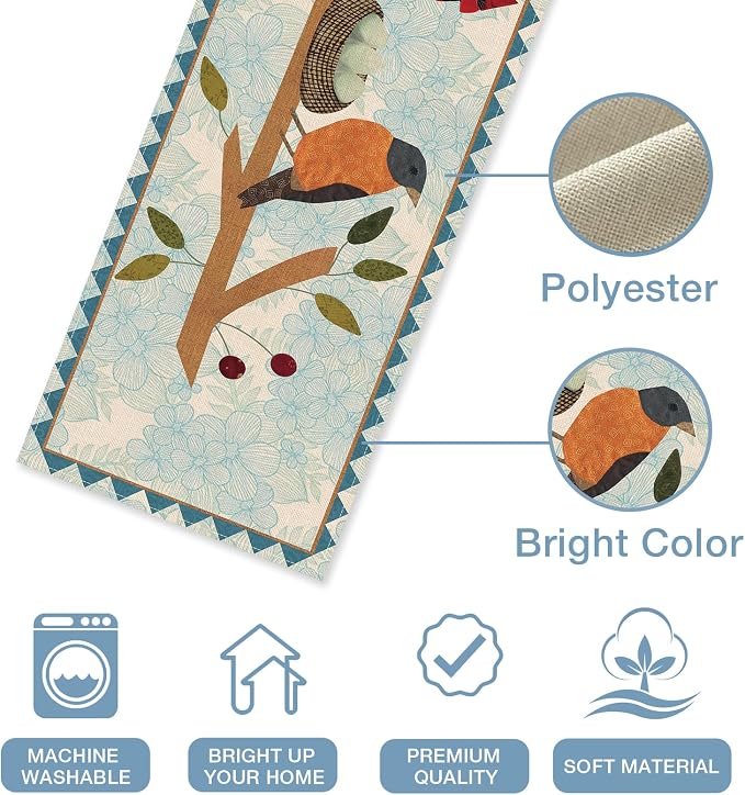 Seliem Spring Summer Birds Blue Table Runner, Cardinal Chickadee Bluebird - Image 3