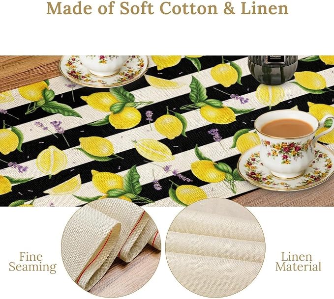 Farmhouse Lemon Fruit Table Runner Nature Aesthetic Black White Stripe Flowers - Image 6