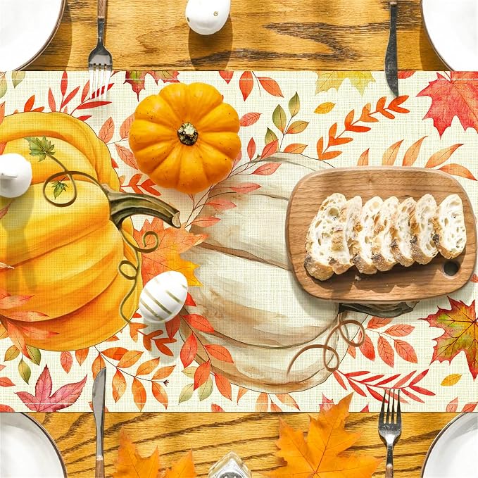 Pumpkin Fall Table Runner, Maple Leaf Autumn Thanksgiving Kitchen Table - Image 4