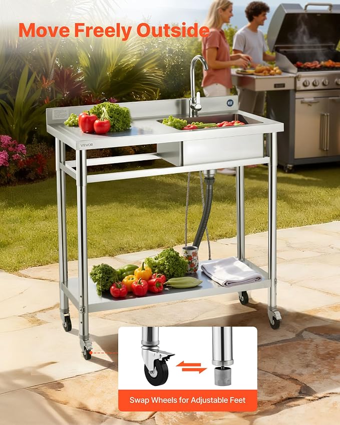 VEVOR Stainless Steel Utility Sink, Rolling Single Bowl Commercial Kitchen Sink - Image 3