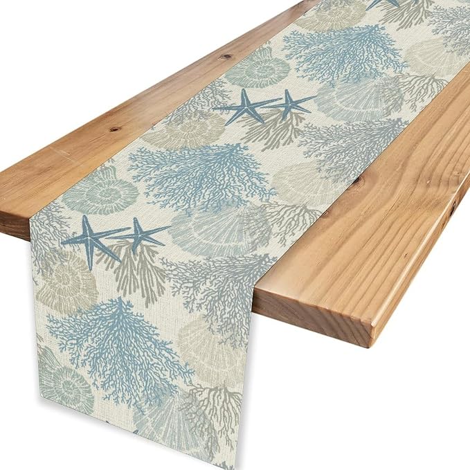 Nautical Table Runner, Summer Coastal Starfish Seashells Coral Tropical Ocean - Image 4