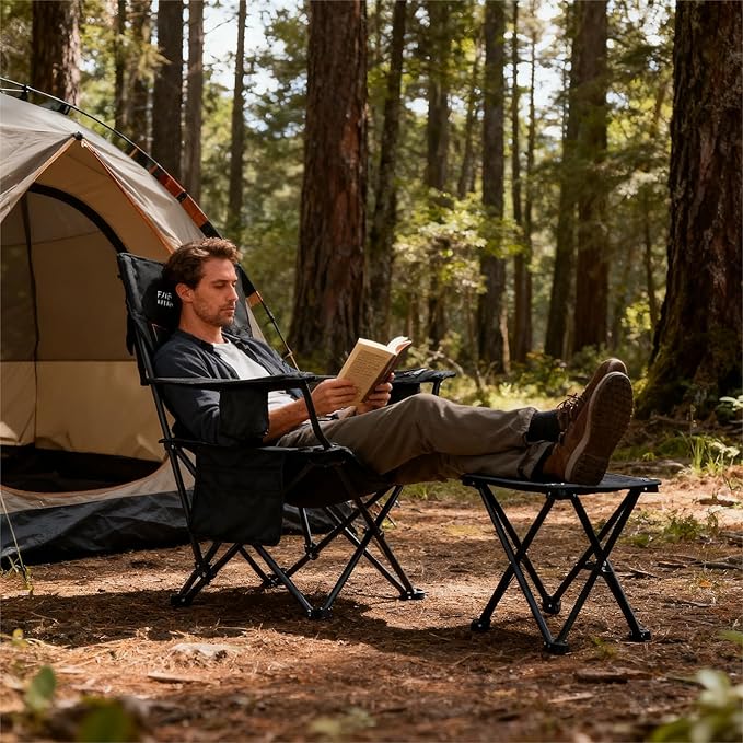 Camping Chair with Footrest, Padded Quad Fold Lounge Chair in Black