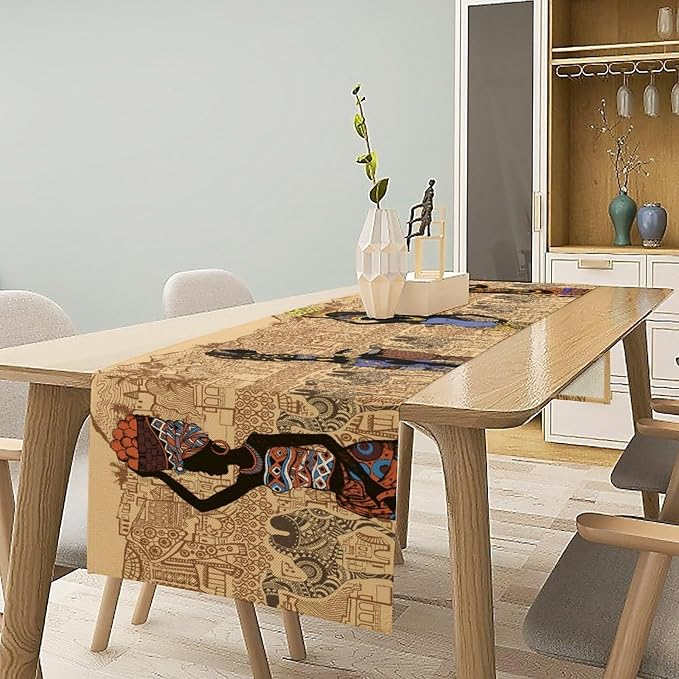 African Black Woman Table Runners, American Art Ethnic Tribe Elephant Table - Image 3