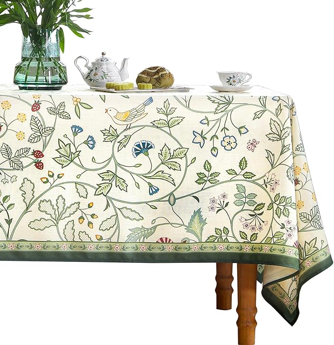 Linen Table Cloth Rectangle, Wrinkle Resistant French White and Green by bilingaier