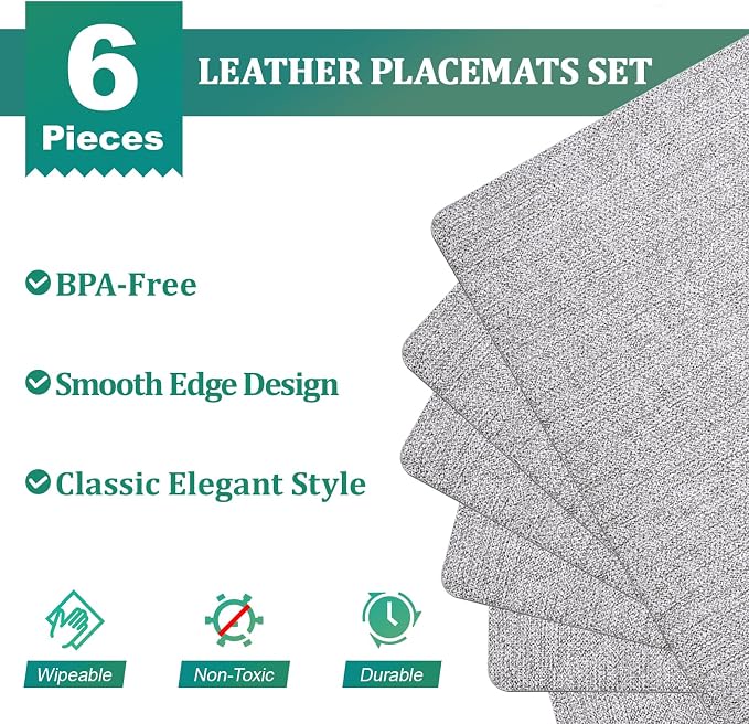 FOCUSLINE Faux Leather Placemats Set of 6, Light Grey Table Place Mats - Image 3