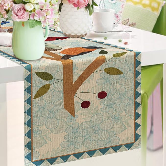Seliem Spring Summer Birds Blue Table Runner, Cardinal Chickadee Bluebird - Image 6