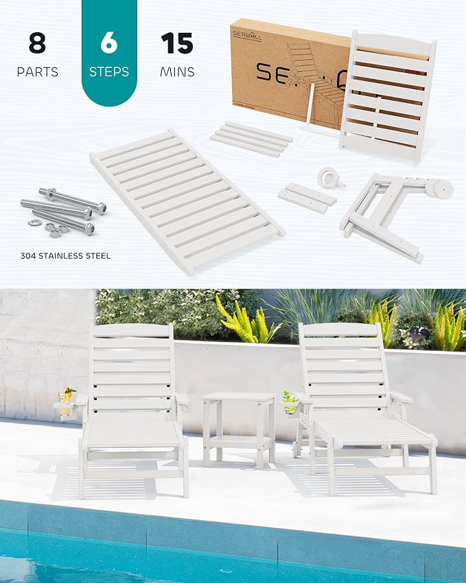 SERWALL Patio Chaise Lounge Chair Set of 2, Poly Lounge Chair - Image 5