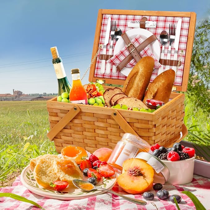 Picnic Basket Set for 2 Persons, Woven Woodchip Basket - Image 5