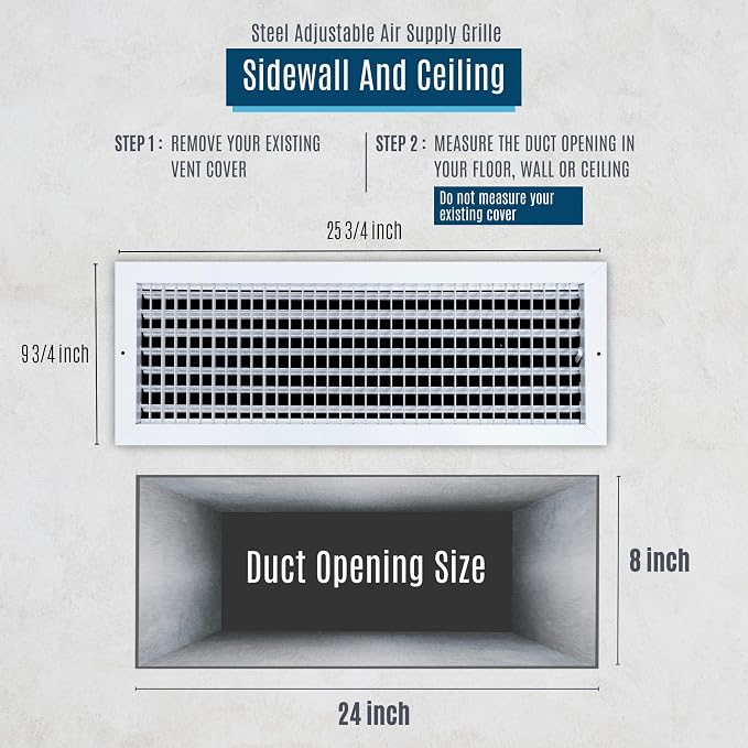 Fits 24x8 Duct Opening Steel Adjustable Air Supply Grille by Handua | Register - Image 2