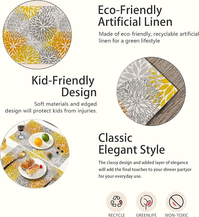 Abstract Yellow Gray Dahlia Flower Placemats Set of 6, Elegant Vinyl Place Mats - Image 3