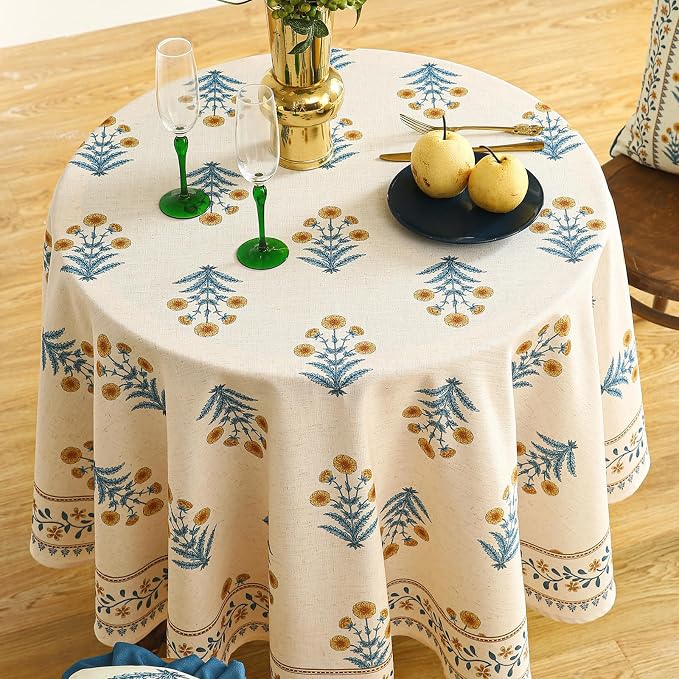 ISAENNE Designer French Pale Yellow Round Tablecloth, Linen Floral Table Cloth - Image 7