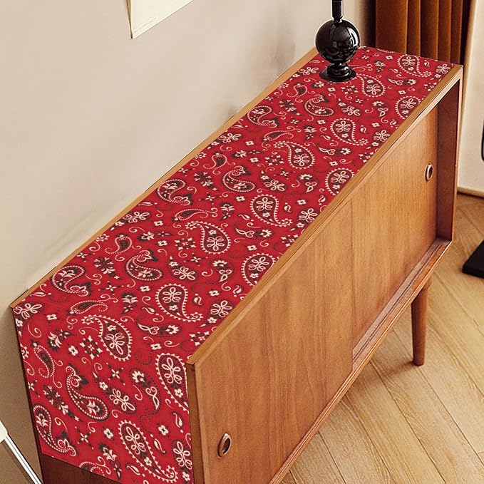 Red Paisley Table Runner, Rustic Damask Antique Floral Flower Retro Boho - Image 3