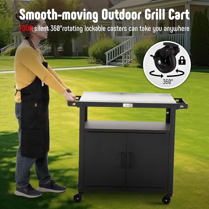 Outdoor Grill Cart with Stainless Steel Tabletop and Storage Cabinet, Movable - Image 5