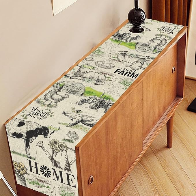 Farmhouse Cow Table Runner, Rustic Rooster Chicken Pig Floral Leaves Animals - Image 3