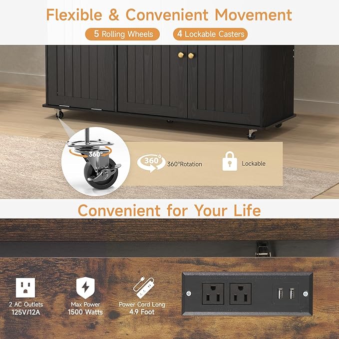 60" Kitchen Island with Power Outlet & Drop Leaf, Kitchen Rolling Island with - Image 5
