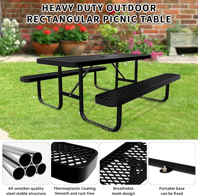 6FT Rectangular Steel Outdoor Picnic Table, Commercial Black Picnic Table Bench - Image 3