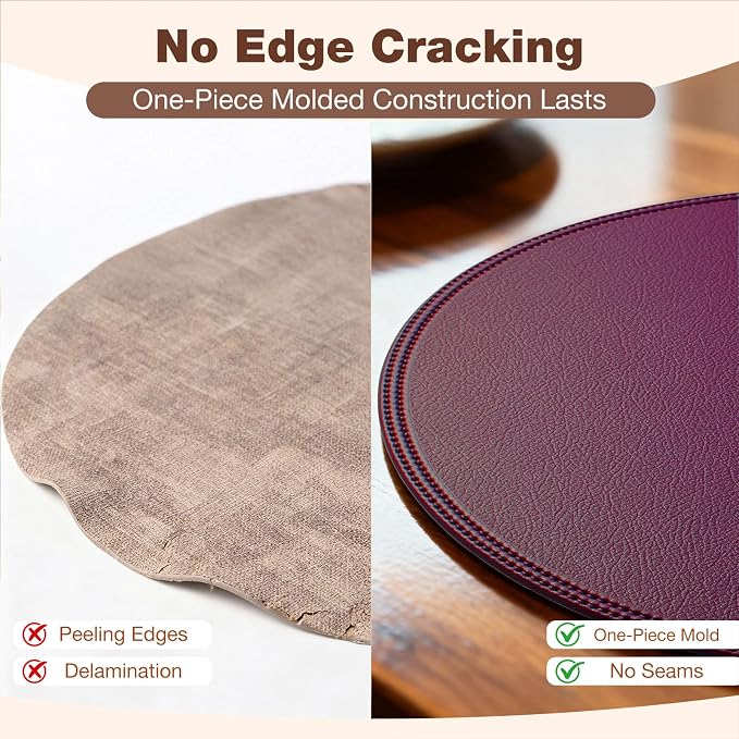 Round Vinyl Burgundy Placemats Set of 6, Faux Leather Waterproof Wipeable Heat - Image 6