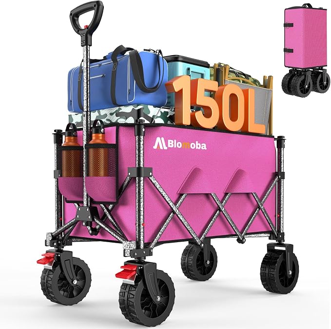 Collapsible Wagon Cart, 150L Heavy Duty Foldable Beach Wagon by Blomoba