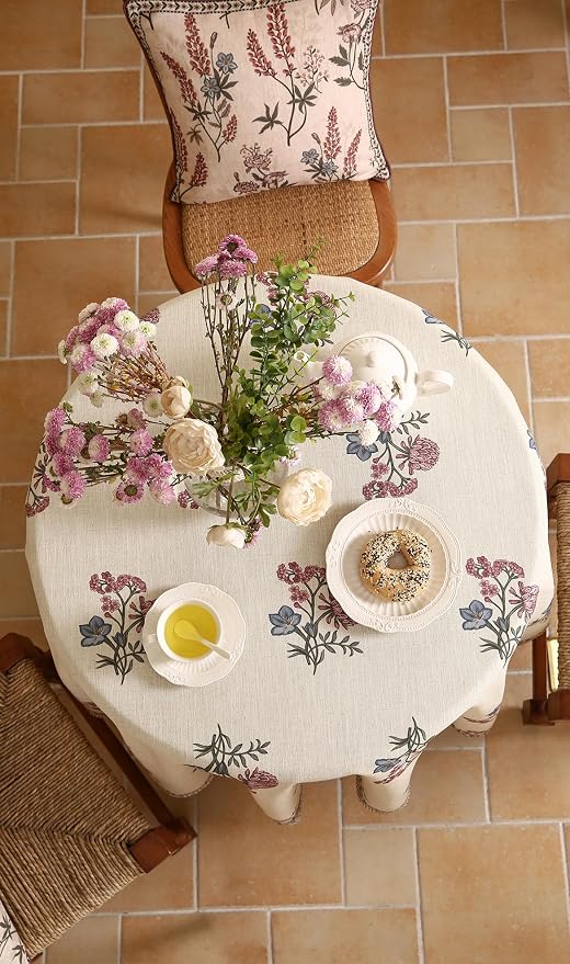ISAENNE Designer Linen Light Beige Round Tablecloth, French Colorful Floral - Image 7