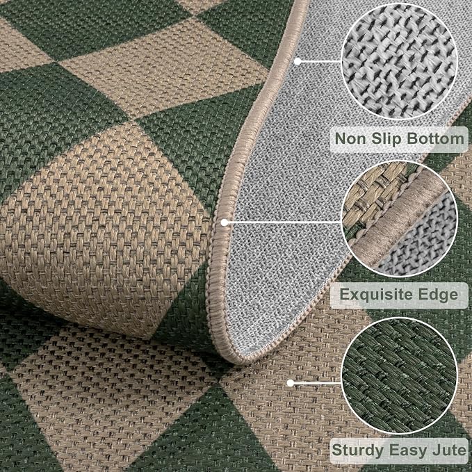 Easy Jute Checkered Runner Rug, 2x6 Green Modern Washable Rugs Runner - Image 2