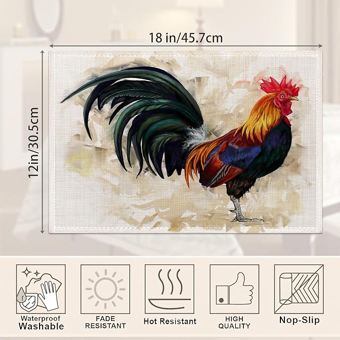 Hand-Painted Rooster Art Placemats Set of 6, Waterproof Non-Slip Washable Table - Image 2