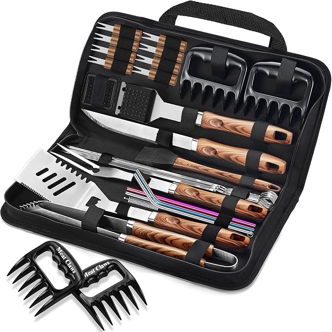 Barbecue Tool Set, 27 Piece Stainless Steel Grilling Kit with Zipper Bag, Brown