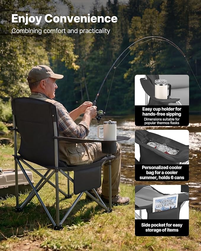 Folding Camping Chairs, Black 600D Oxford, 2-Pack