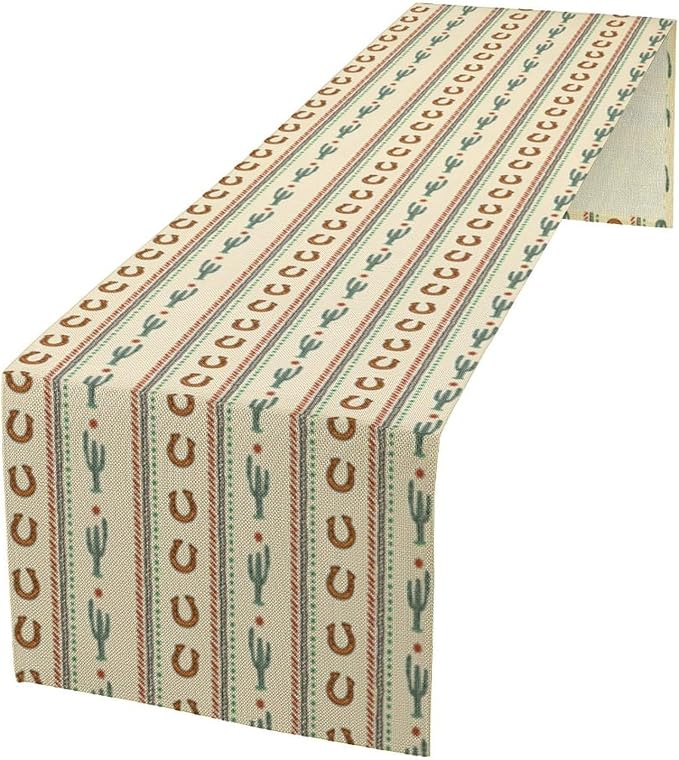 Western Table Runner, Vintage Farmhouse Country Cowboy Horseshoe Cactus Print by Unknown