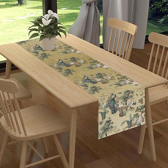 Asian Table Runner, Ruatic Traditionla Chinese Style Penoy Floral Branch Table - Image 3