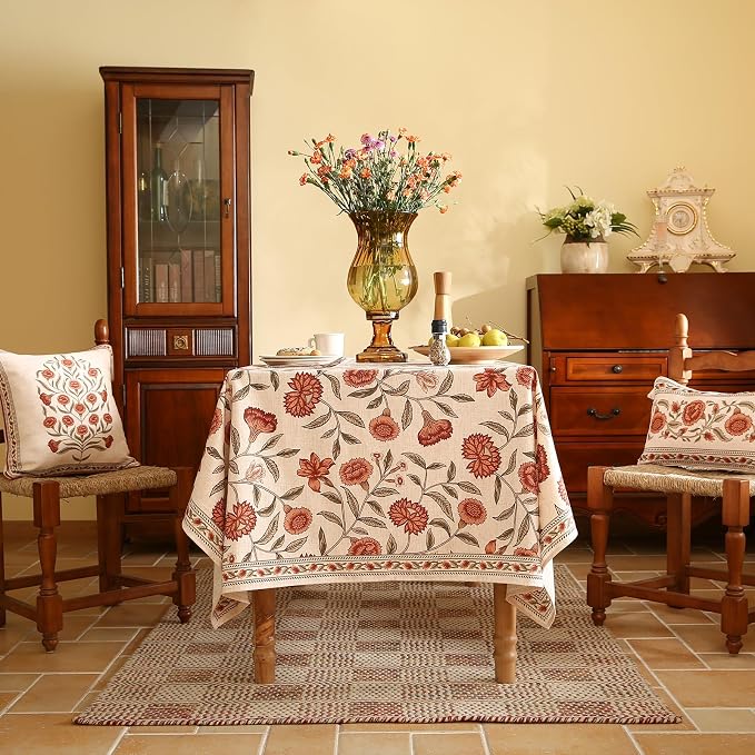 ISAENNE Designer French Long Tablecloth Rectangle, Linen Orange Floral Pattern - Image 3