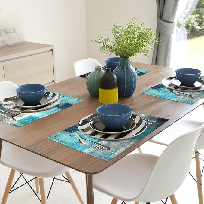 Modern Art Placemats Set of 4 Turquoise Abstract Painting Place Mats Washable - Image 6
