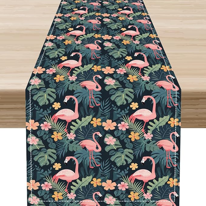 Tropical Flamingo Table Runner, Hawaii Seasonal Floral Spring Summer Green by Unknown