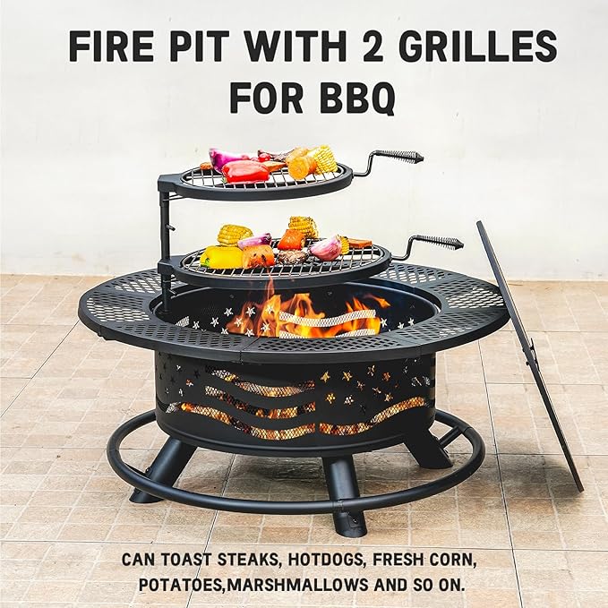 36 Inch Fire Pit with 2 Cooking Grates, Outdoor Wood Burning BBQ Grill Firepit - Image 2
