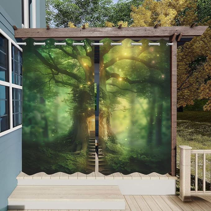 Fantasy Theme Outdoor Curtains for Patio Waterproof, Forest Pattern, Grommet - Image 3