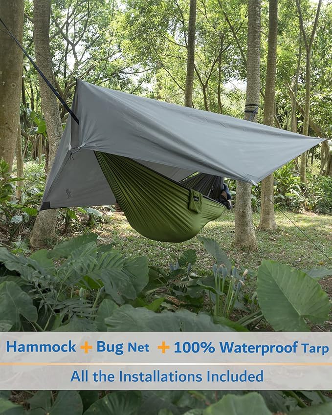 Camping Hammock with Rain Fly and Bug Net, Green/Grey, 118 x 78 in
