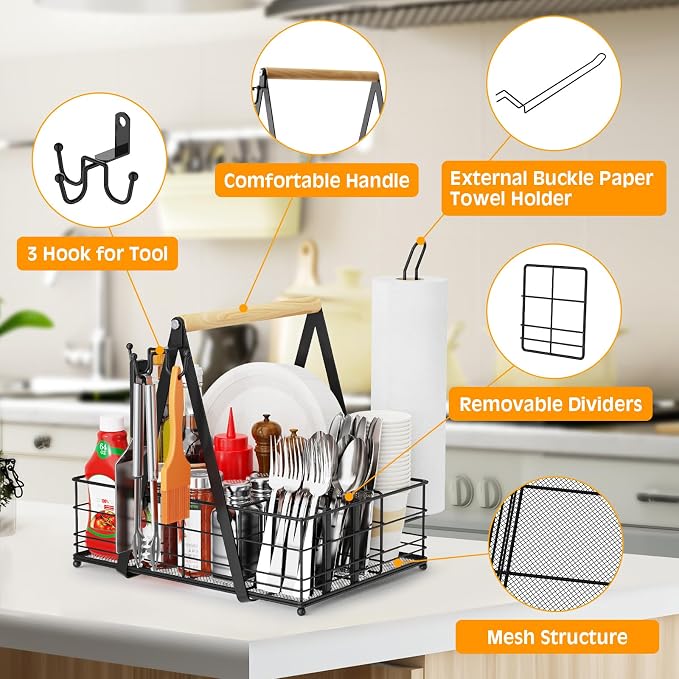 Grill Caddy with Paper Towel Holder, Picnic BBQ Condiment Utensil Organizer - Image 4