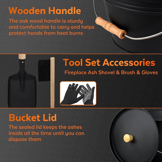 Small Ash Bucket with Lid and Shovel, Metal Fireplace Ash Bucket with Broom - Image 4