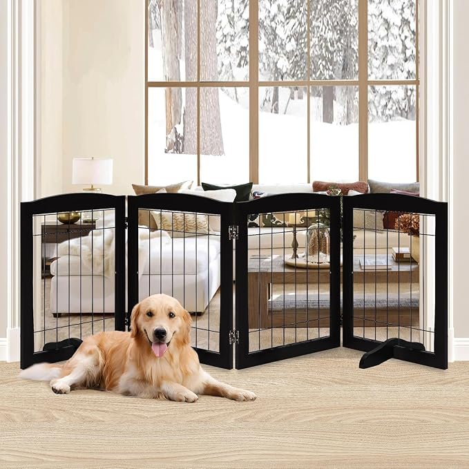 LZRS 4-Panel Freestanding Wooden Dog Gate—Extra Wide 30” Tall Foldable Pet by LZRSPET