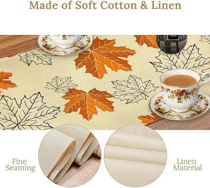 Fall Maple Leaves Table Runner, Rustic Vintage Autumn Orange Leaf Thanksgiving - Image 5