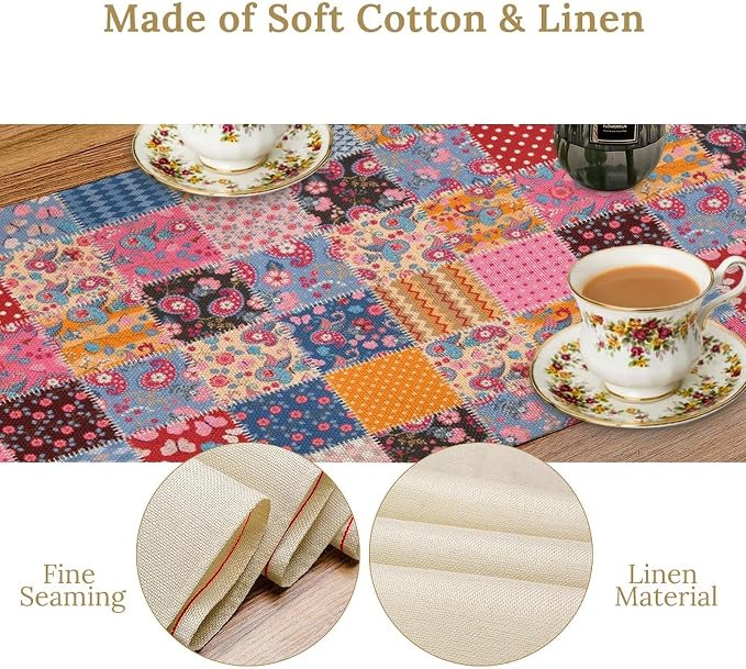 Patchwork Floral Table Runner, Patch Boho Flowers Country Wildflowers Rustic - Image 4