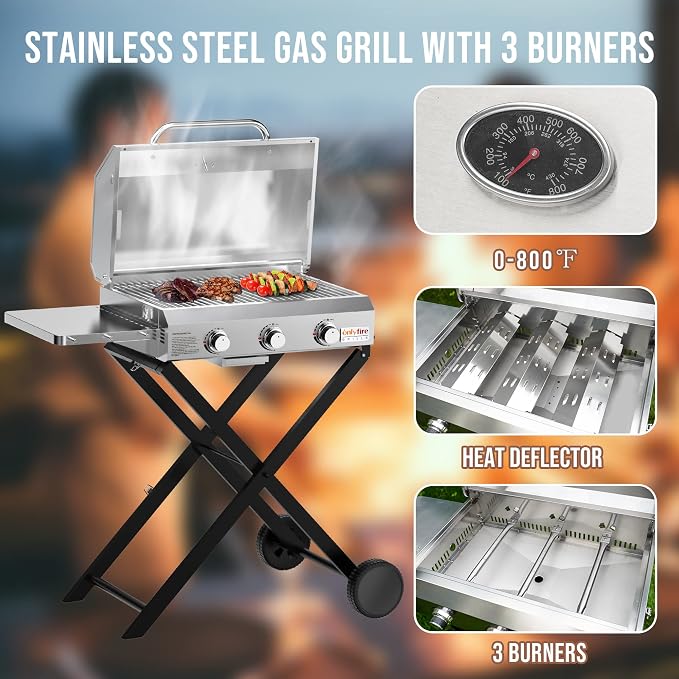 BBQ Gas Grill 3-Burner with Foldable Cart & Side Table, Portable Propane Grill - Image 5