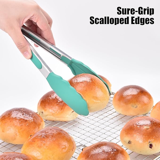 Stainless Steel Locking Kitchen Tongs with Silicone Tips, Aqua Sky